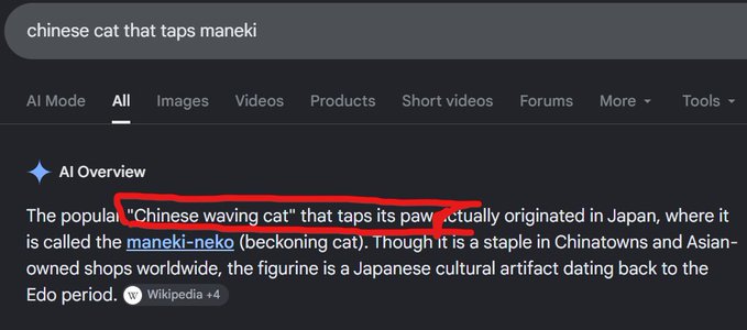 A Google search result for "chinese cat that taps maneki" shows an AI Overview clarifying that the popular "Chinese waving cat" is actually a Japanese maneki-neko (beckoning cat) originating from the Edo period, with the words "Chinese waving cat" circled in red. The image humorously debunks the misnomer referenced in the post about $MEOW, suggesting the meme coin might want to reconsider its branding since the beckoning cat has nothing to do with China.