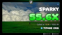 A digital screen displays a 'SPARKY' game result from 'TITANS CRIB' showing a score of '$$$,6X' against a Windows XP 'Bliss' background.