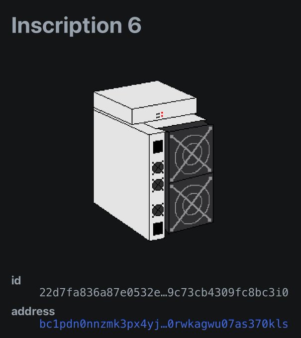 An image titled 'Inscription 6' showing an illustrated piece of computer hardware with cooling fans, alongside an ID and a Bitcoin-style address beginning with 'bc1pdn0nnzmk3px4yj'.