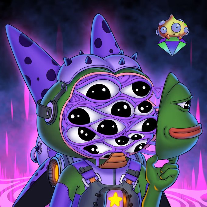 The image features an illustration of a cartoon frog wearing a green suit with purple spots, holding a mask over its face as if hiding or protecting itself from something. The background of the image is dark and has a pinkish hue, giving it a surreal appearance. The caption "I got a 1/1!!! Thanks @TrystanNFT @PepeExplorers" suggests that someone has shared this image on social media with a rating of 1 out of 5 stars or higher.
