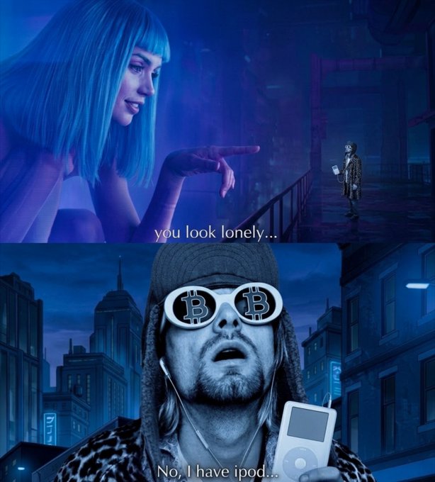 A two-panel image showing a glowing blue-haired woman saying 'you look lonely...' above a man in a beanie wearing 'Bitcoin' sunglasses and holding an iPod, responding 'No, I have ipod...'.