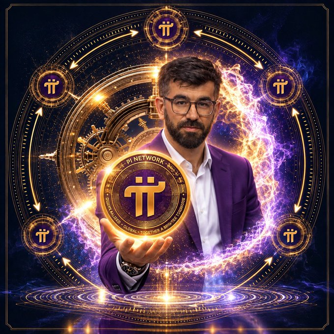 A bearded man in a purple blazer holds a glowing Pi Network coin inscribed with "PI NETWORK • Decentralized • Global • Together • Mine • Connect," surrounded by a mystical circular emblem featuring multiple π symbols and cosmic energy, visually embodying the "Pi Network" crypto project referenced in the post.