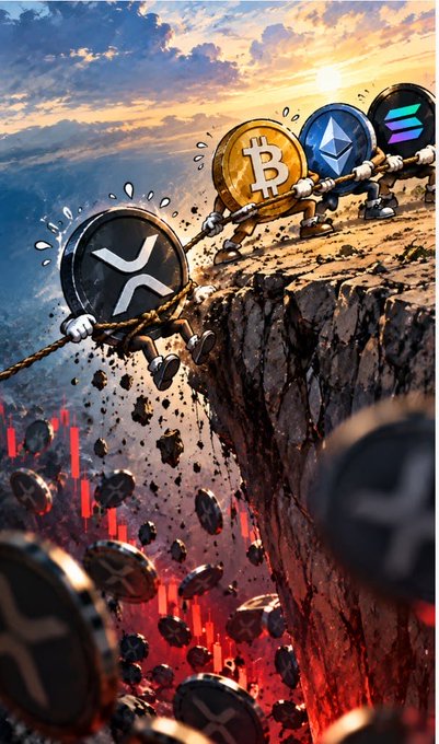 A digital artwork depicting cryptocurrency coins like XRP, Bitcoin, Ethereum, and Solana being pulled up a rocky cliff edge against a sunset sky.