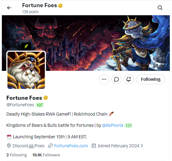 A Twitter/X profile page for 'Fortune Foes' (@FortuneFoes) describing a 'Deadly High-Stakes RWA GameFi | Robinhood Chain' called Kingdoms of Bears & Bulls, launching September 15th at 9 AM EST.