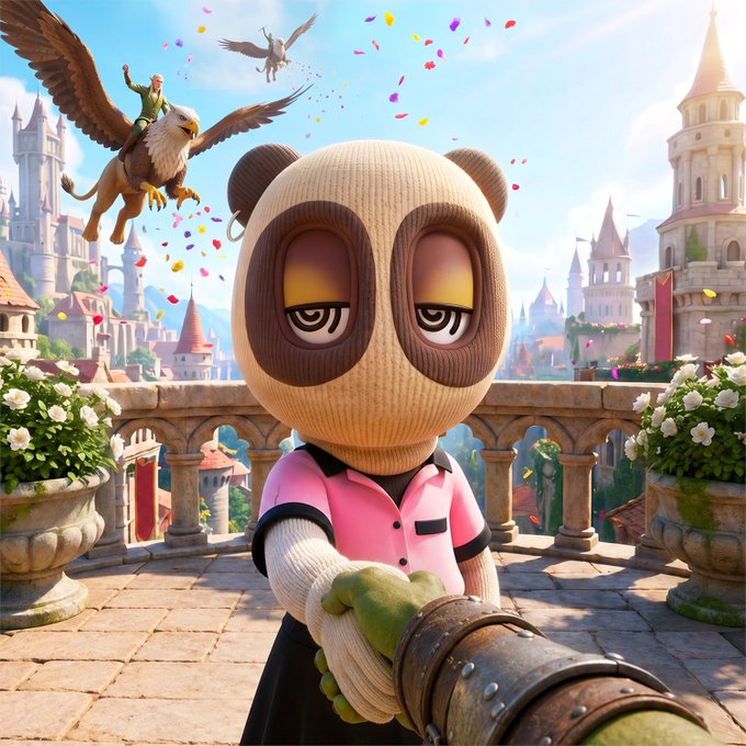 A knitted panda character in a pink shirt leans on a balcony with a sleepy expression, set against a vibrant fantasy castle scene where a person rides a flying eagle amidst colorful confetti. The whimsical, celebratory imagery mirrors the post's joyful announcement welcoming a new ambassador to the ZarGates program.