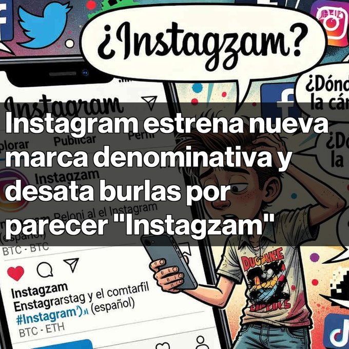 A comic-style illustration depicts a boy holding a phone with social media speech bubbles reading '¿Instagzam?' and '¿Dónde la cámara?', overlaid with Spanish text about Instagram's new wordmark resembling 'Instagzam'.