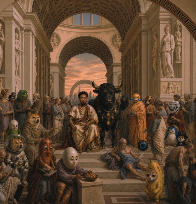 A classical Renaissance-style painting featuring a central figure seated on steps with a black bull, surrounded by an elaborate architectural setting with statues, and uniquely populated with various internet meme characters and figures including Doge, Pepe, Shiba Inu, and other recognizable faces.