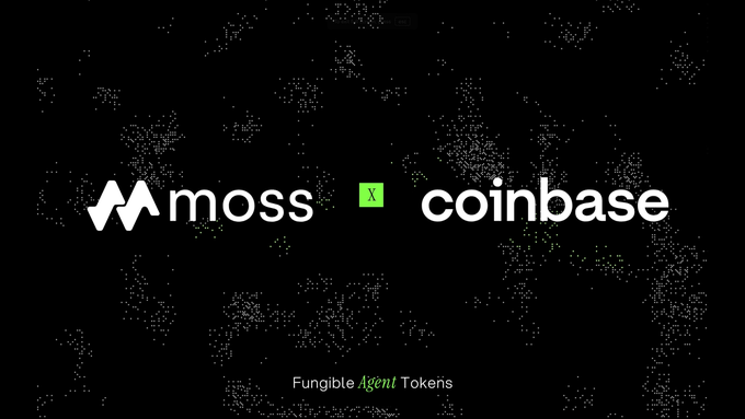 A black screen displaying the Moss and Coinbase logos side by side with "x" between them, and "Fungible Agent Tokens" written below in white and green text.