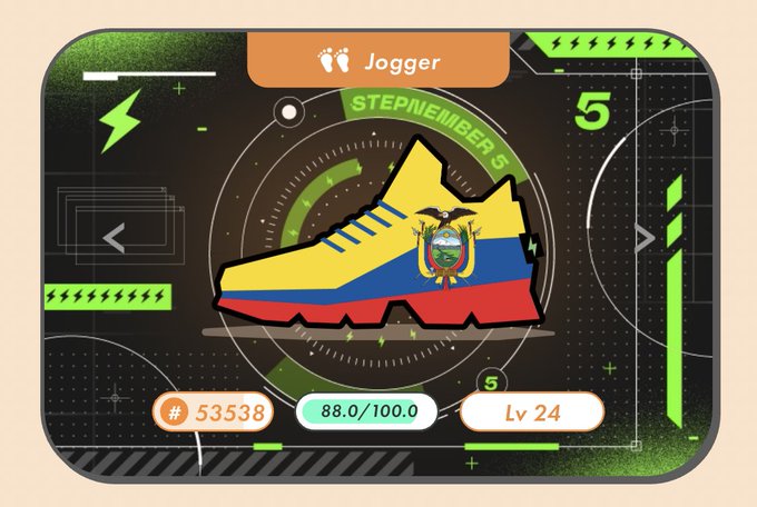 A digital artwork of a running shoe colored with the yellow, blue, and red flag of Ecuador and its coat of arms, displayed on a StepNMember interface showing a Jogger NFT, Score #53538, and Lv 24.