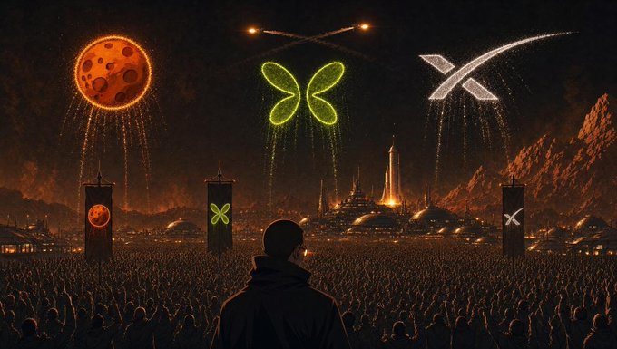 A lone hooded figure stands before a vast crowd gathered at a futuristic nighttime rally, where three illuminated symbols—a reddish planet (Mars), a glowing green butterfly, and a silver "X"—are projected into the sky and mirrored on banners, visually representing the competing tokens in a cryptosphere-themed spectacle tied to the "$MarsCoin" message.