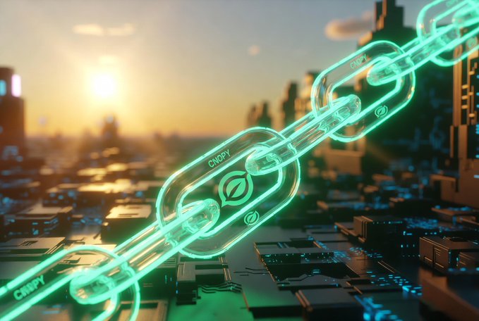 A futuristic digital art illustration showing glowing teal CNPY-branded blockchain links stretching across a sunlit cityscape with circuit board elements.