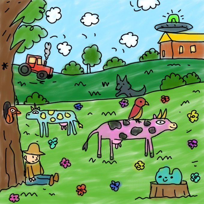 A cheerful cartoon farm scene depicts a red tractor chugging along a grassy hill past a dog, while two spotted cows graze below with a bird perched on one, a woodpecker on a tree, a small blue mouse on a stump, and a farmer relaxing against the tree beneath a UFO hovering near a house.