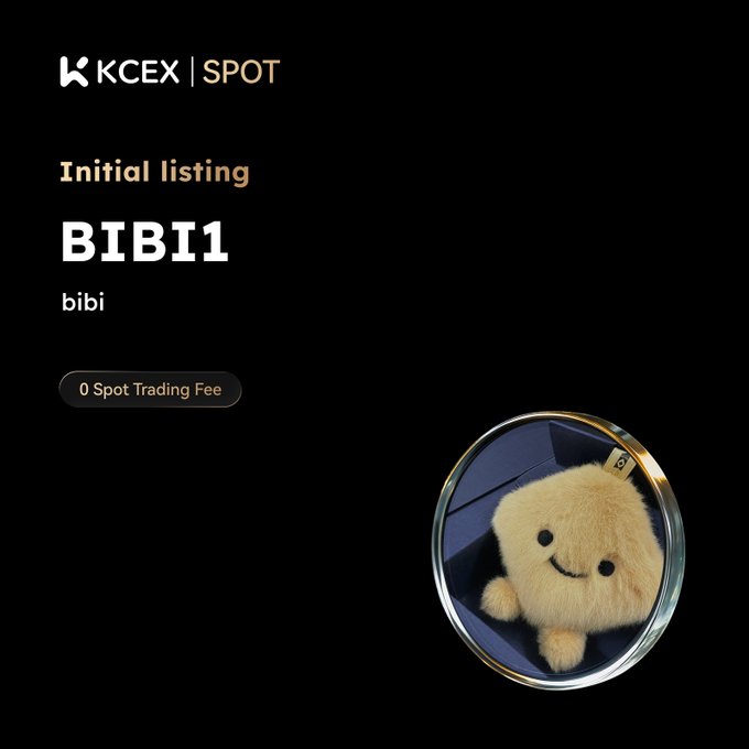A dark-themed listing announcement for 'KCEX | SPOT' showing the 'Initial listing' of token 'BIBI1' (bibi) with '0 Spot Trading Fee' and an image of a fluffy smiling yellow character.