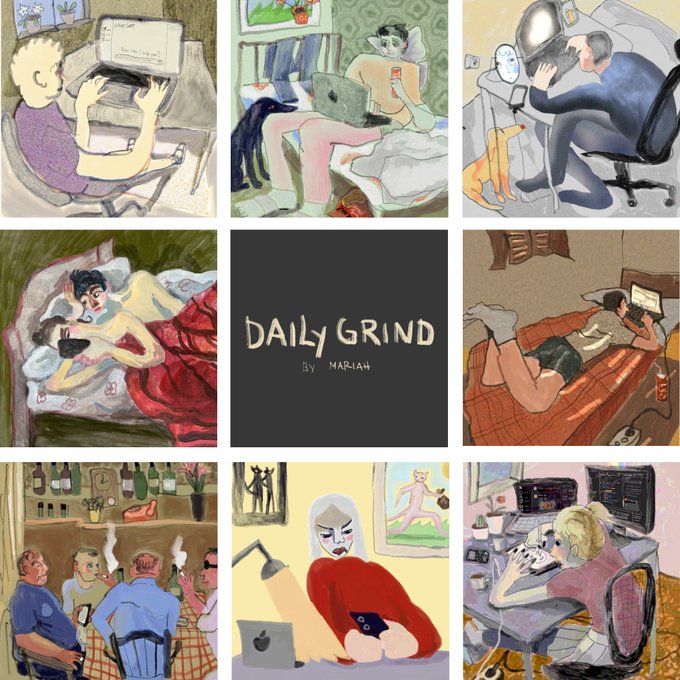 This image is a grid of eight illustrations from an online collection titled "Daily Grind" by an artist named Maraiah. The collection captures various scenes and activities that reflect the daily lives of individuals, such as working on a laptop, relaxing in bed, and enjoying time with a pet. The set includes a variety of scenarios, like a casual meeting, someone working with a laptop in bed, and another moment with a person and their pet.