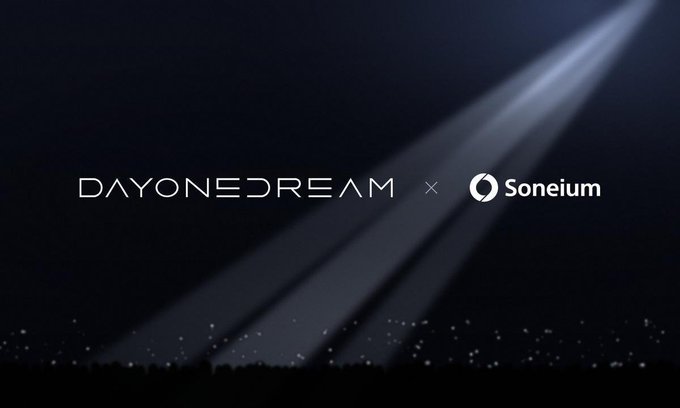 A dark promotional graphic featuring 'DAYONEDREAM × Soneium' logos with light beams and small glowing particles.