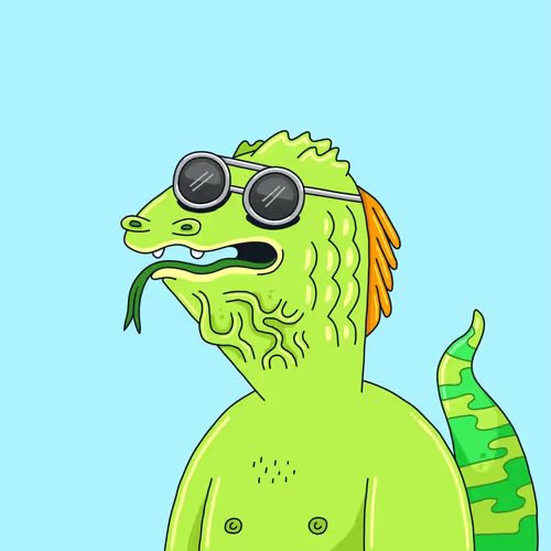 A cartoon illustration of a green reptilian creature wearing black sunglasses, with orange hair and a green striped tail, standing against a light blue background.