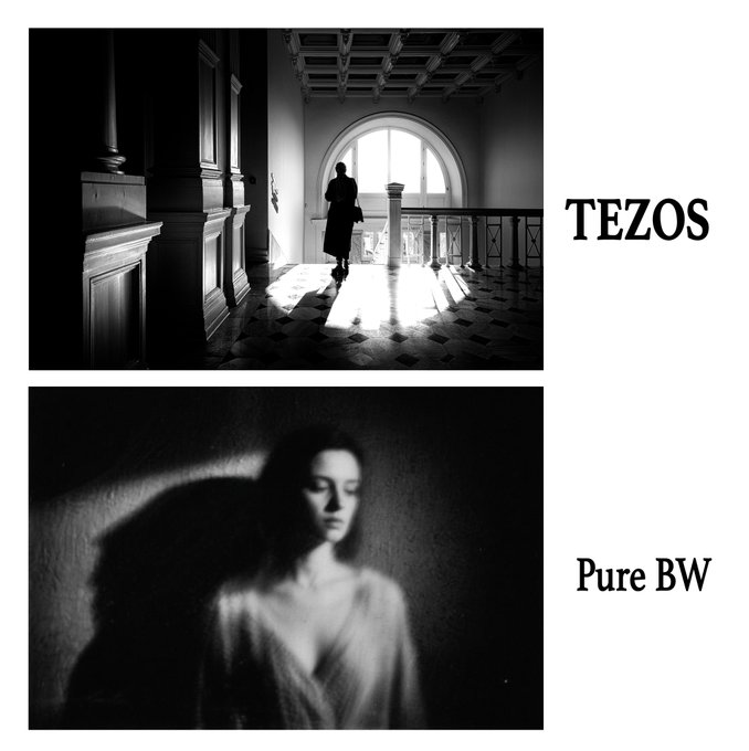 Two black-and-white photos are displayed side by side: the top shows a silhouetted figure in a long coat walking toward an arched window in a grand hall, labeled 'TEZOS', while the bottom is a blurry portrait of a woman with the text 'Pure BW' beside it.