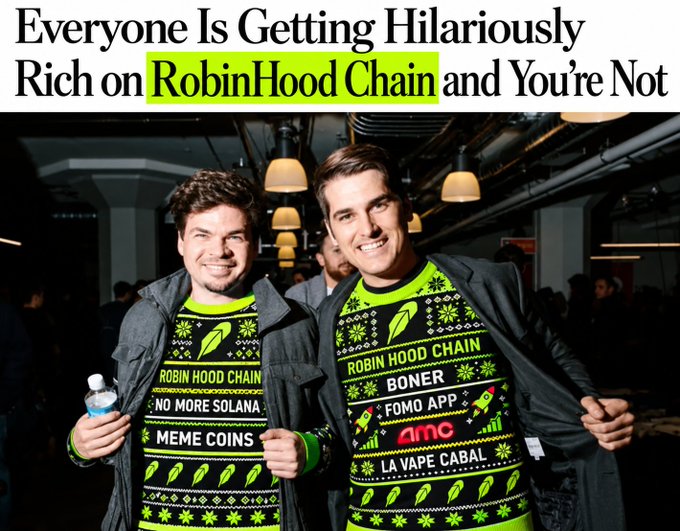 The image shows two smiling men wearing matching black ugly Christmas sweaters with green and yellow festive patterns, both branded with "Robin Hood Chain" logos and chainsaw icons; their sweaters list meme-style phrases including "NO MORE SOLANA," "MEME COINS," "BONER," "FOMO APP," "AMC," and "LA VAPE CABAL," while the headline above reads "Everyone Is Getting Hilariously Rich on RobinHood Chain and You're Not."