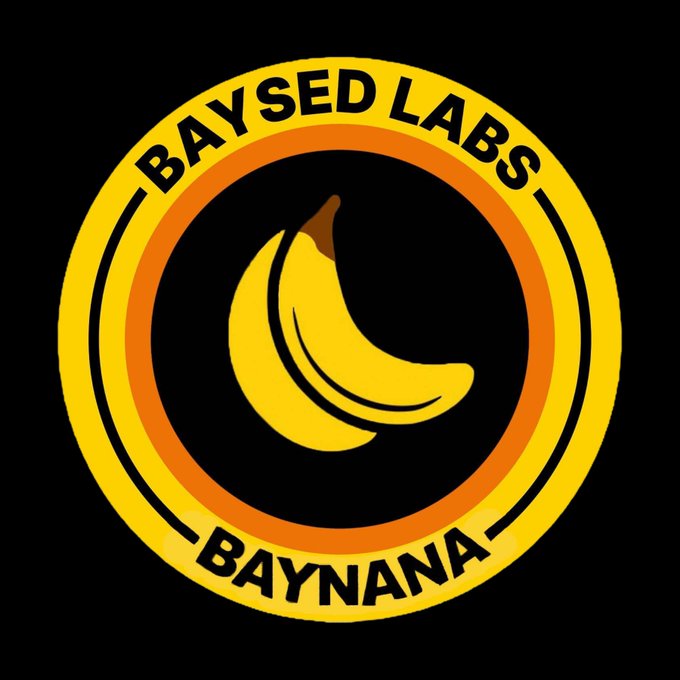 A circular logo for 'BAYSED LABS' featuring the word 'BAYNANA' at the bottom, with a bunch of yellow bananas in the center against a black background.