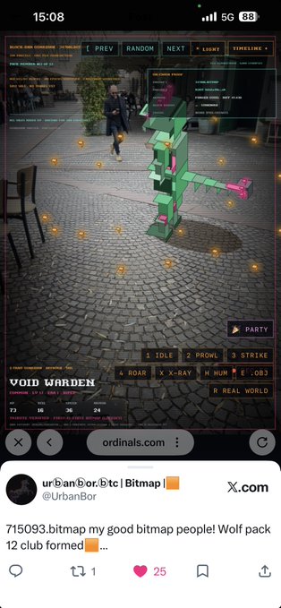 A mobile screenshot showing a 3D voxel character on a cobblestone street within the 'VOID WARDEN' digital art experience, with a tweet from @UrbanBor celebrating '715093.bitmap' as their 'good bitmap people' and announcing a Wolf pack 12 club formed.
