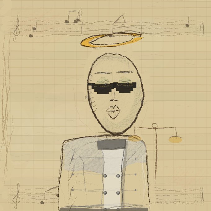 An illustration on grid paper depicts a bald figure wearing pixelated sunglasses, a halo, and a jacket, rendered in a sketchy, hand-drawn style.