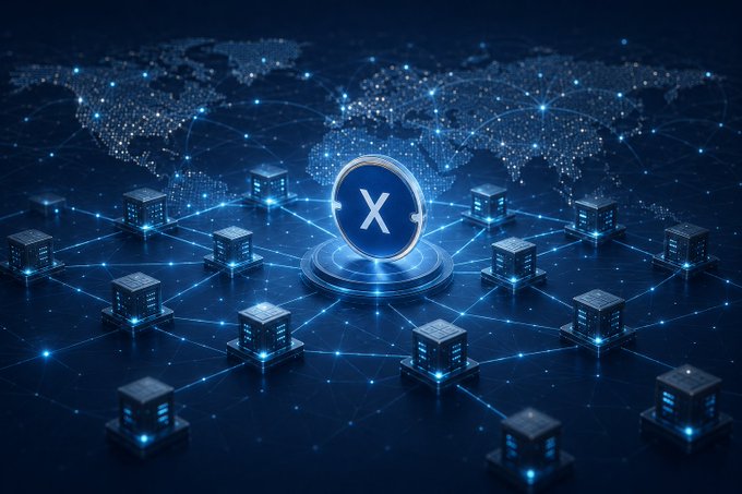 The image features a large blue circle with an x on top of it surrounded by numerous small cubes arranged in various patterns across the frame. The background shows a map of the world, indicating that this digital artwork could be related to the cryptocurrency or blockchain industry. The caption reads "The XDC ecosystem keeps expanding. More organizations are operating validator nodes - strengthening the network's infrastructure, resilience, and global participation." This suggests that the image is promoting the idea of a growing and interconnected network in the world of cryptocurrencies and blockchain technology.