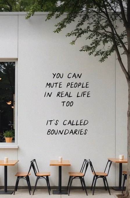 A black painted text on a white building wall reads: 'YOU CAN MUTE PEOPLE IN REAL LIFE TOO / IT'S CALLED BOUNDARIES', above outdoor cafe tables and chairs.