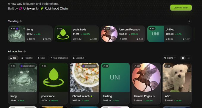 A screenshot of a cryptocurrency launchpad website titled "A new way to launch and trade tokens," built by Uniswap for Robinhood Chain. The page displays trending tokens like $frong, pools.trade, Unicorn Pegasus, and Unifrog, with various market caps and percentage changes.