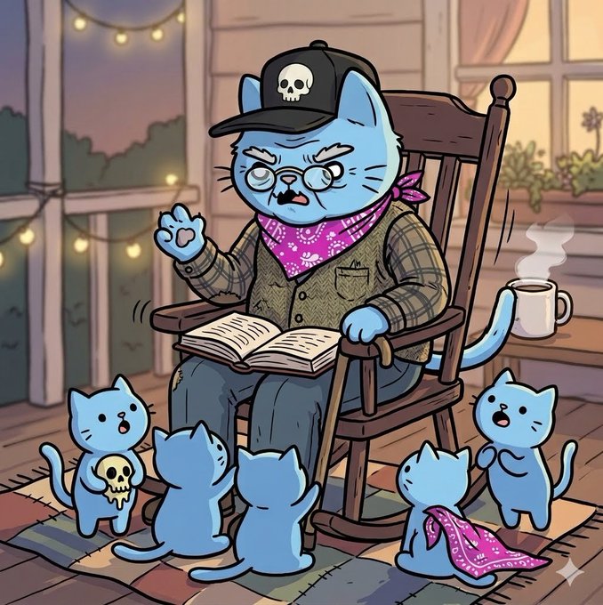 A cartoon illustration of an elderly blue cat wearing glasses, a skull cap, and a bandana, sitting in a rocking chair reading to three blue kittens on a porch.