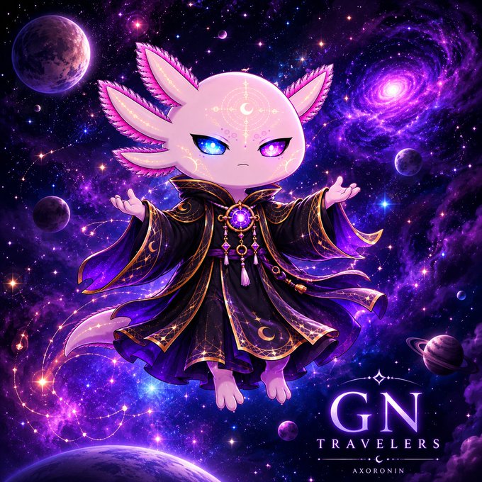 A digital illustration of a mystical axolotl-like creature with glowing eyes wearing ornate purple and black robes, set against a vibrant purple cosmic background with planets and a galaxy, branded 'GN TRAVELERS by AXORONIN'.