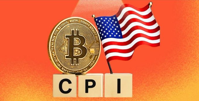 The image features a gold Bitcoin coin alongside a waving American flag, with "CPI" spelled out in Scrabble-like letter tiles against a vibrant orange backdrop. The composition visually ties together the two key elements of the post—Bitcoin's price movement and the upcoming U.S. CPI inflation data release—symbolizing how today's inflation print will impact crypto markets and expectations for monetary policy.