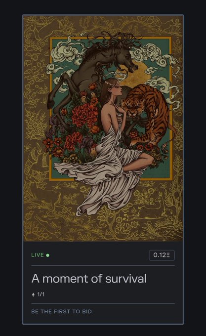 An NFT listing titled 'A moment of survival' featuring an Art Nouveau-style illustration of a woman in a white gown with a dark horse and tiger amid flowers, currently live with 'BE THE FIRST TO BID'.