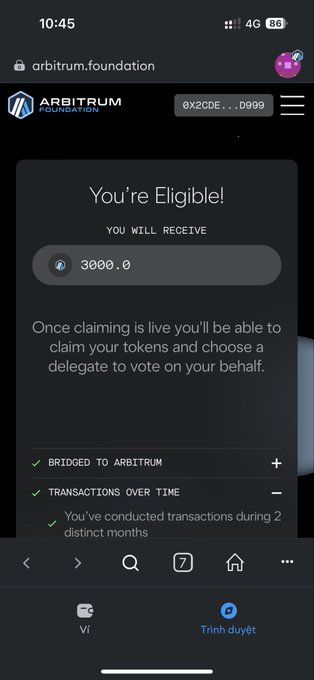 Arbitrum Foundation webpage screenshot showing 'You're Eligible!' message, stating the user will receive 3000.0 tokens once claiming is live, with wallet address 0x2C0E...D999.