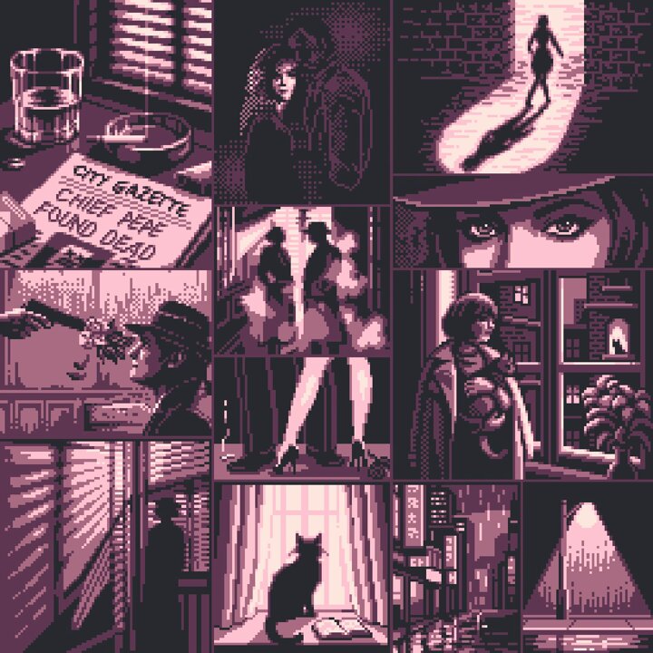 The image is a collage of various scenes, including a woman's face with large eyes, a man holding a gun, a woman wearing a hat, and other images such as a cat sitting by a window or a book lying on a table. The post features an image of a cat sitting in front of a window, which seems to be the main focus of the collage.