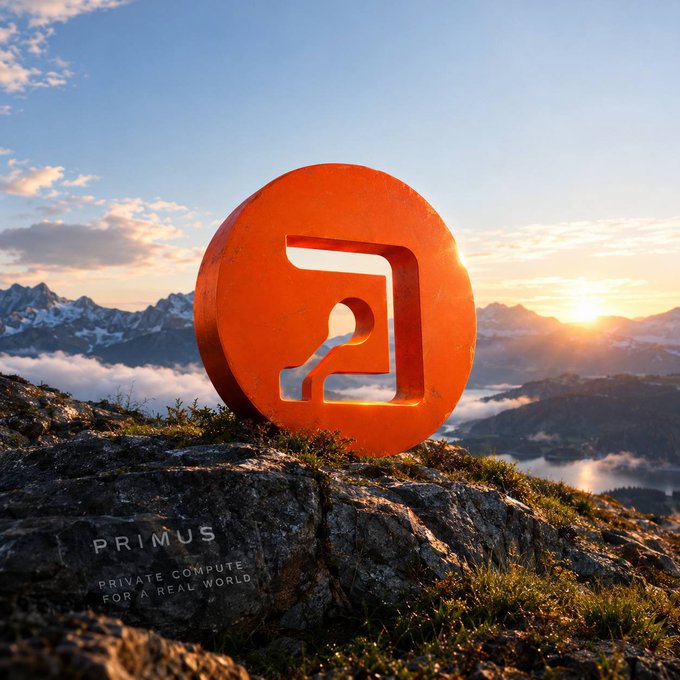 A large orange 3D logo reading 'PRIMUS' sits on a rocky mountain outcrop at sunset, with the tagline 'PRIVATE COMPUTE FOR A REAL WORLD.'