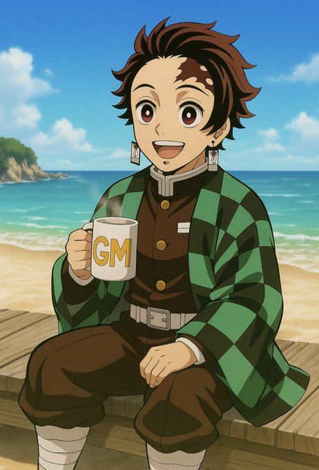 An anime-style illustration of Tanjiro from Demon Slayer holding a 'GM' mug while sitting by a beach.
