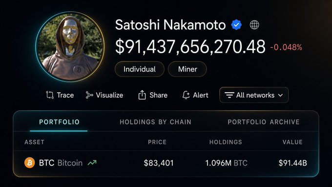 The image shows a crypto portfolio tracker displaying an account under the name "Satoshi Nakamoto" (Bitcoin's pseudonymous creator), holding approximately 1.096 million BTC valued at $91,437,656,270.48—visually reinforcing the post's point about the legendary untouched Bitcoin fortune mined in 2009-2010 that has remained dormant for 16 years.