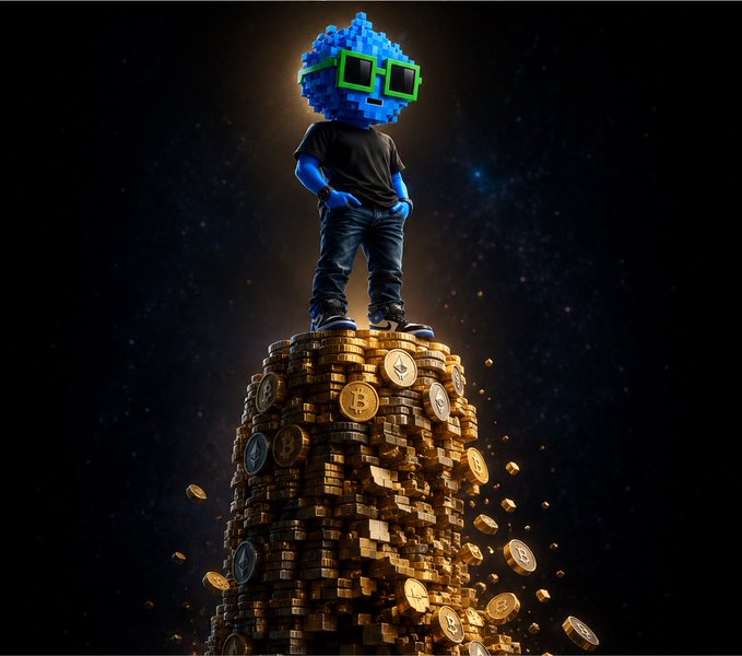A blue blocky character wearing green pixelated sunglasses and a black t-shirt stands atop a massive pile of golden Bitcoin coins against a cosmic starry background.
