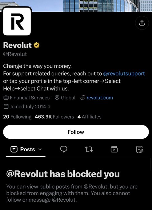 A screenshot of the verified Revolut X/Twitter profile (@Revolut) showing it has blocked the user, who can only view public posts.