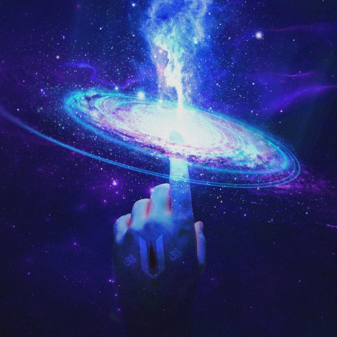 A digital artwork depicts a hand pointing upward toward a glowing blue and purple galaxy or cosmic vortex set against a starry night sky.