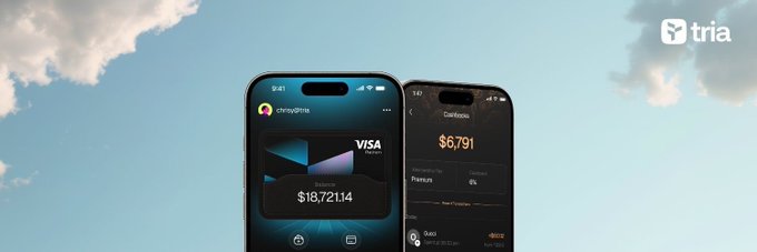 Two smartphones displayed against a sky background show the Tria app interface, featuring a Visa card on one screen and a Coinbase portfolio showing $6,791 with various crypto assets.