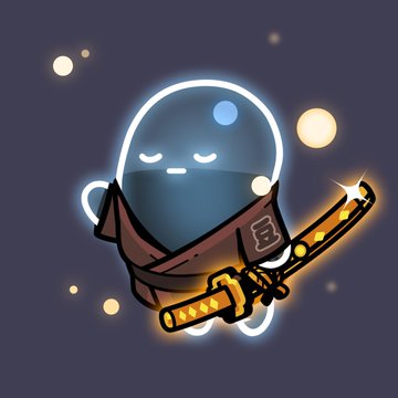 A cute cartoon character with a glass dome head, dressed as a samurai and holding a glowing golden katana against a dark blue background.