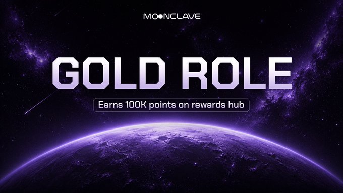 A space-themed promotional banner for Moonclave announces a 'GOLD ROLE' that earns 100K points on rewards hub.