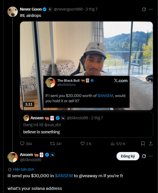 A Twitter/X post from @nevergoon100 showing an IRL airdrops video featuring @blknoiz06 discussing a $30,000 $ANSEM crypto giveaway in exchange for a Solana wallet address.
