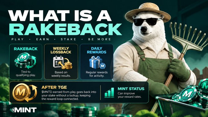 A promotional graphic for MINT explains 'WHAT IS A RAKEBACK' with sections on Weekly Lossback, Daily Rewards, After TGE, and Mint Status, featuring a bear character dressed as a farmer.