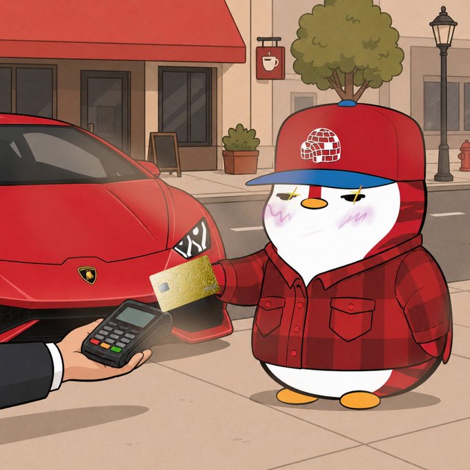 The image features a cartoon penguin standing next to a red Lamborghini car, with a person holding a credit card in their hand. The penguin appears to be selling something to the car owner, possibly a toy or an item for sale. The scene is set on a city street, and there are potted plants visible nearby. The image also includes text that reads "My Lil Pudgy bought a Lamborghini with KAST. Okay, technically just in the artwork for now, but soon, ok? But honestly, that’s what’s cool about @KASTxyz".