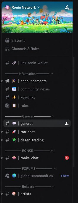 Discord server sidebar for 'Ronin Network' showing channels including announcements, community-nexus, key-links, rules, general, ron-chat, degen-trading, ronke-chat, and global-communities.