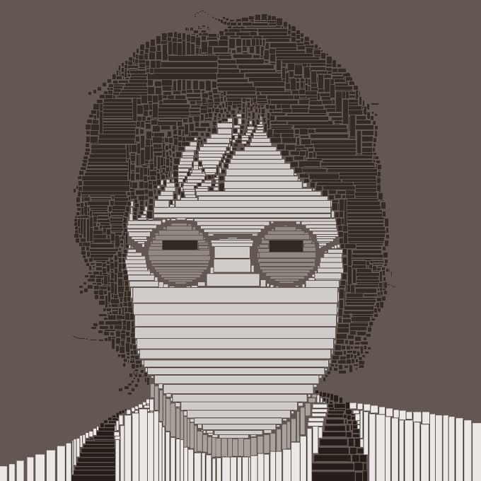 A glitch-art black and white pixelated portrait of a person wearing round sunglasses, rendered in horizontal scan-line striations against a gray background.