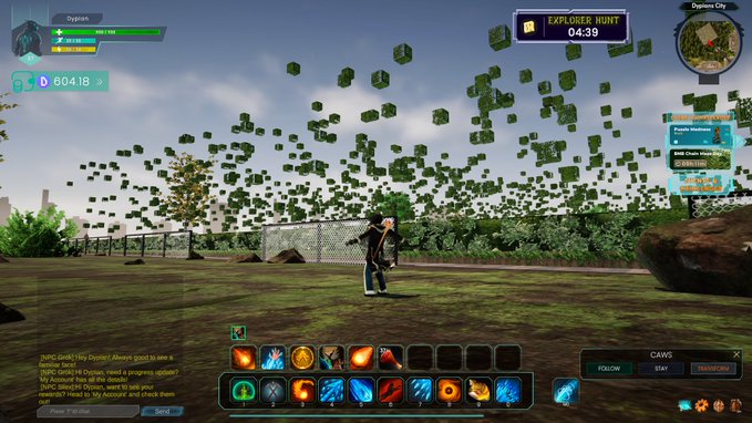 A screenshot from the online game 'Digimon' showing a character in a grassy area facing a massive swarm of green block-like objects in the sky, with an 'EXPLORER HUNT' timer at 04:39 and various game UI elements visible.