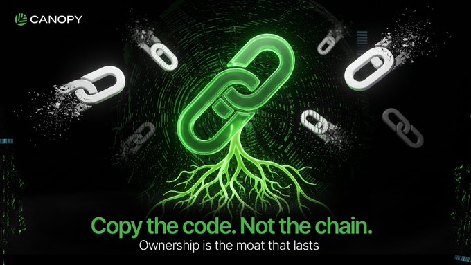 A Canopy promotional graphic with a green glowing chain link transforming into roots, surrounded by dissolving white chains, with the tagline 'Copy the code. Not the chain. Ownership is the moat that lasts'.